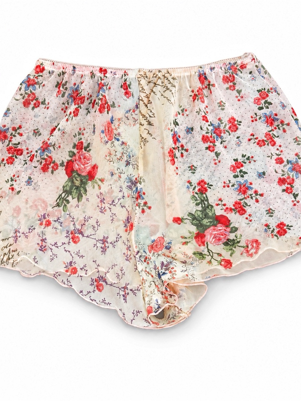 Vntg 80’s Poly Ivory Red & Pink Floral Print Semi Sheer Feminine Sleep Shorts S